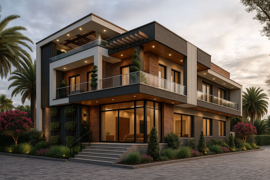 Modern stone and glass elevation with deep shade