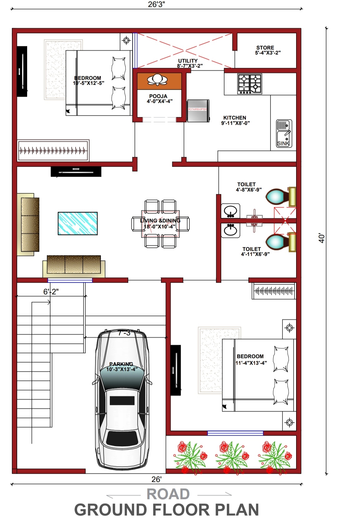 26x40 House Plan 26x40 Front 3D Elevation Design